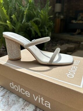 Dolce Vita Ivory Crystal-Embellished Block Heel Sandal